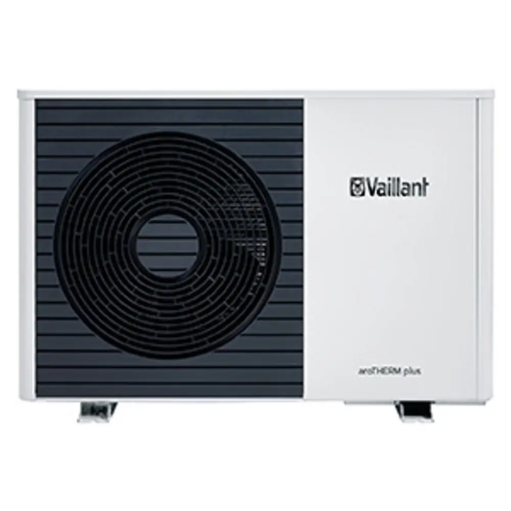 Vaillant Wärmepumpe in kompaktem Design mit runder Lüfteröffnung auf der Vorderseite. Das Gerät ist in Weiß und Dunkelgrau gestaltet und für die Außeninstallation konzipiert.